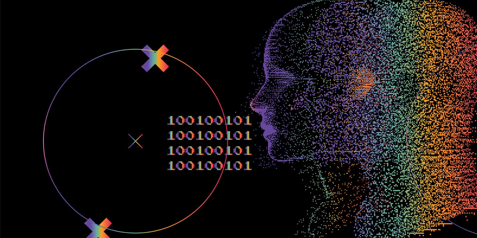 digital head, multi-colored, with binary code