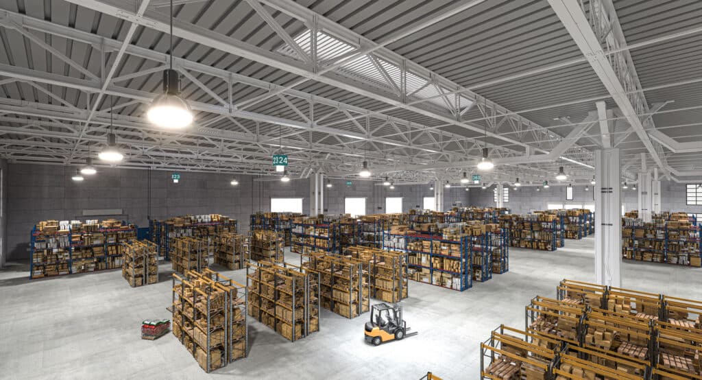 Wide warehouse with forklift