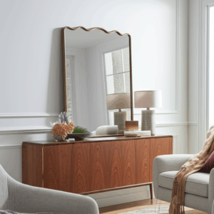 Lifestyle image of a Howard Elliott decorative mirror created by AI. Artificial intelligence. Image creation.